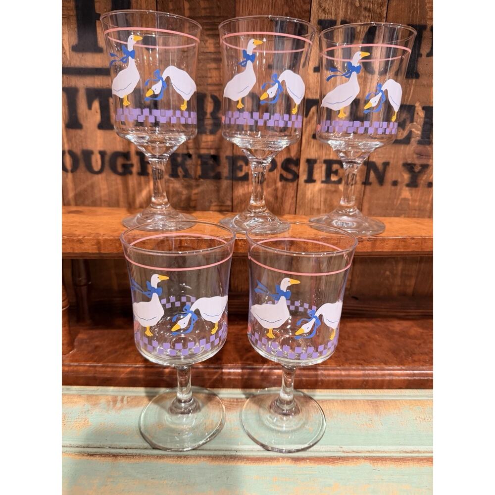 Vintage Libbey Aunt Rhody Duck Goose Water Goblet Stemware Set Of 5 EUC